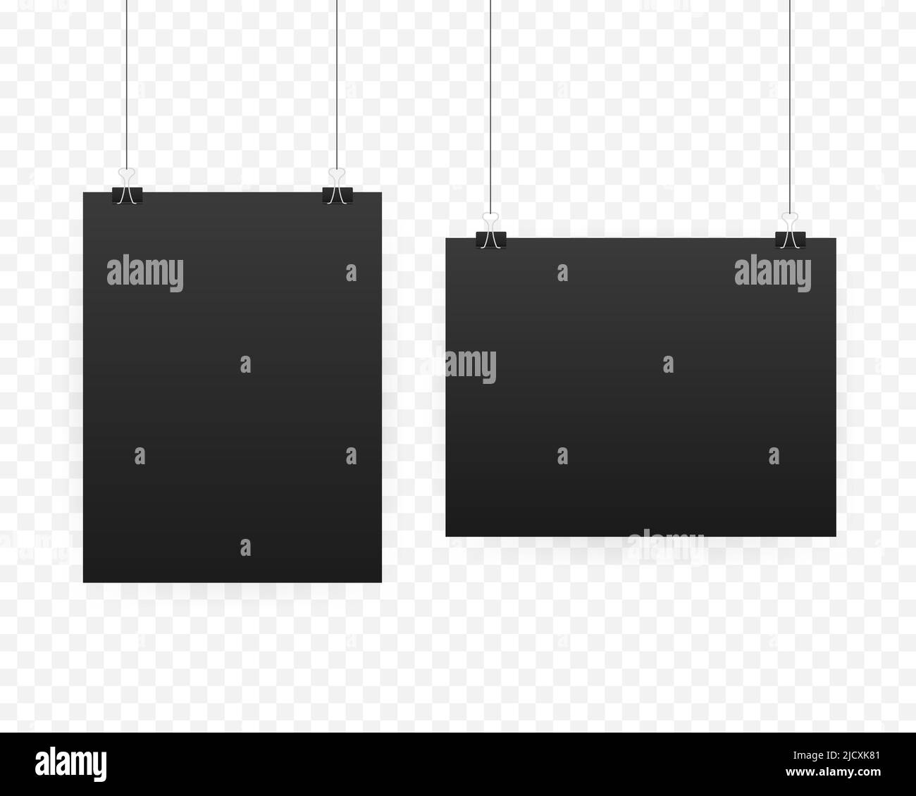 Schwarzes Poster am Ordner. Graue Wand mit leerem Papierrohling. Layout-Modell. Vertikales Vorlagenblatt. Stock Vektor