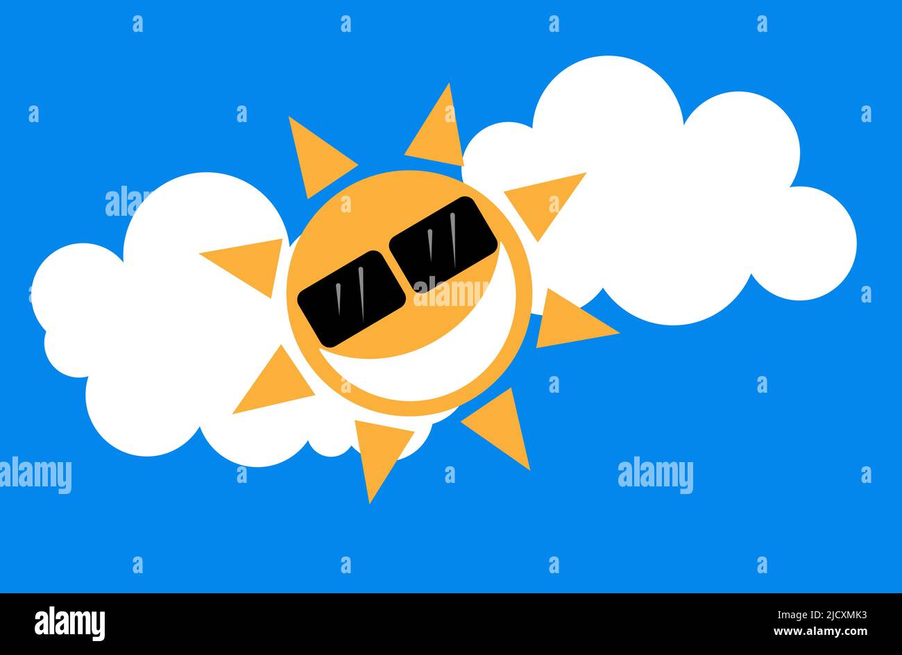 Happy Sunny Sun Smilie Gesichtsvektor-Design auf einem blauen und bewölkten Himmel. Stock Vektor