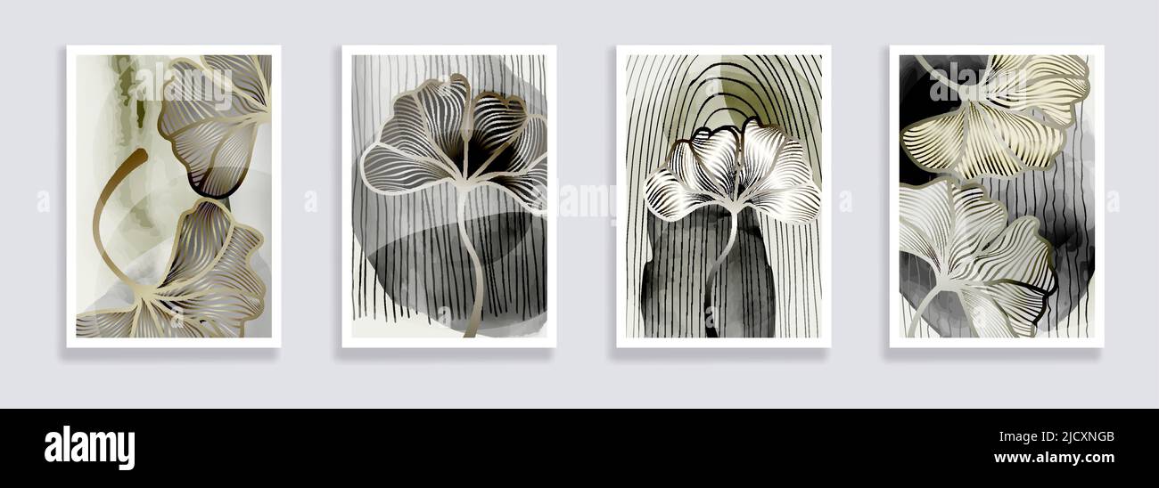 Trendiges Set aus Ginkgo Biloba Blättern und abstrakten Formen. Minimale botanische Wandkunst. Moderne Grafik aus der Mitte des Jahrhunderts. Pflanzen-Kunst-Design für elegante Wandkunst , Stock Vektor