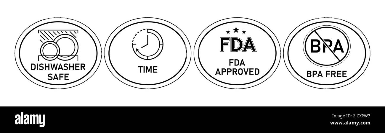 Symbole für die Kochgeschirr-Beschriftung. Spülmaschinenfest, zeitgemäß, FDA-zugelassen, BPA-frei. Um eine Oberfläche, Beschichtung, zu kennzeichnen. Vektorgrafik isoliert auf Weiß Stock Vektor