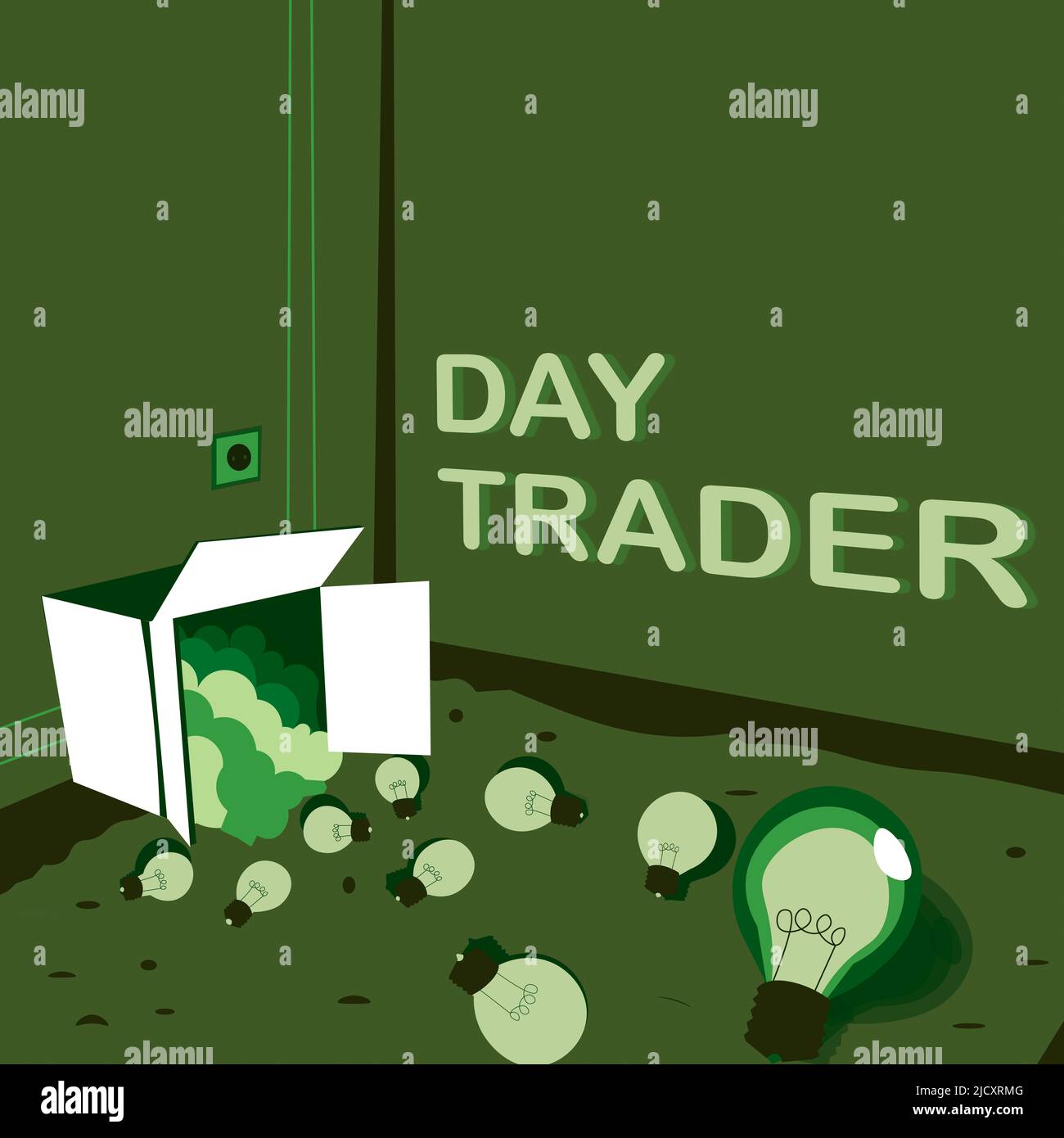 Textunterschrift mit Darstellung des Day Trader. Wort geschrieben auf Eine Person, die Finanzinstrument kaufen und verkaufen innerhalb des Tages Glühbirnen verschüttet Box Stockfoto