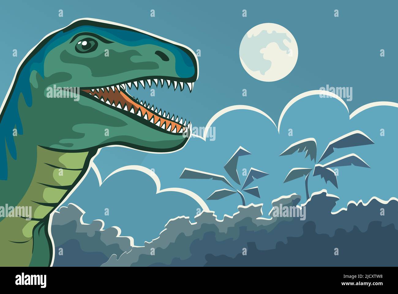 Alte Eidechse Velociraptor im Nachtwald. Räuberischer Dinosaurier aus der Jurassischen Zeit. Prähistorische Natur Hintergrund. Vektor Cartoon Art illustrat Stock Vektor