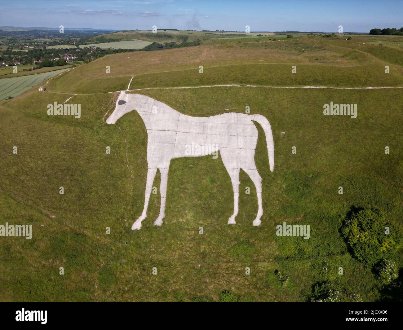 Westbury White Horse Kreide Hill Figur. Bratton Castle. Wessex Ridgeway Langstrecken-Trail prähistorische Route. Bratton Downs. Wiltshire. England. VEREINIGTES KÖNIGREICH Stockfoto