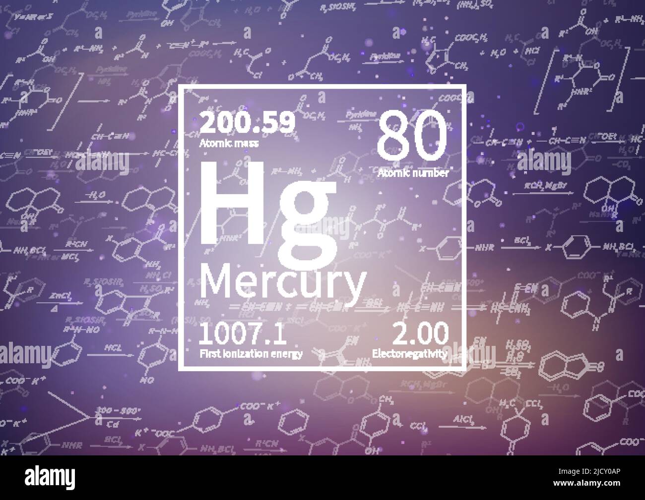 Quecksilberchemisches Element mit erster Ionisationsenergie, Atommasse und Elektronegativitätswerten auf wissenschaftlichem Hintergrund Stock Vektor