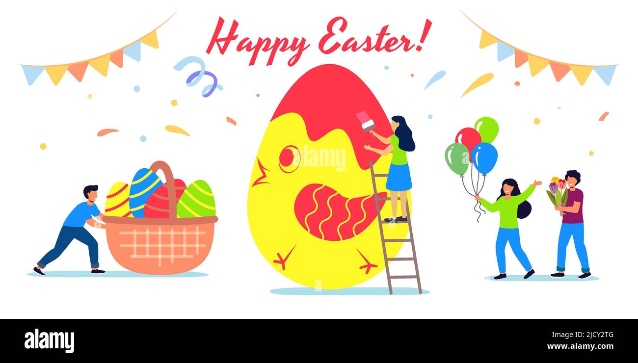 Frohe Ostern Grußkarte Vektor-Illustration von winzigen Familie Menschen malen Ei zusammen für besondere Frühlingsferien Ereignis in flachen Cartoon-Stil Stock Vektor