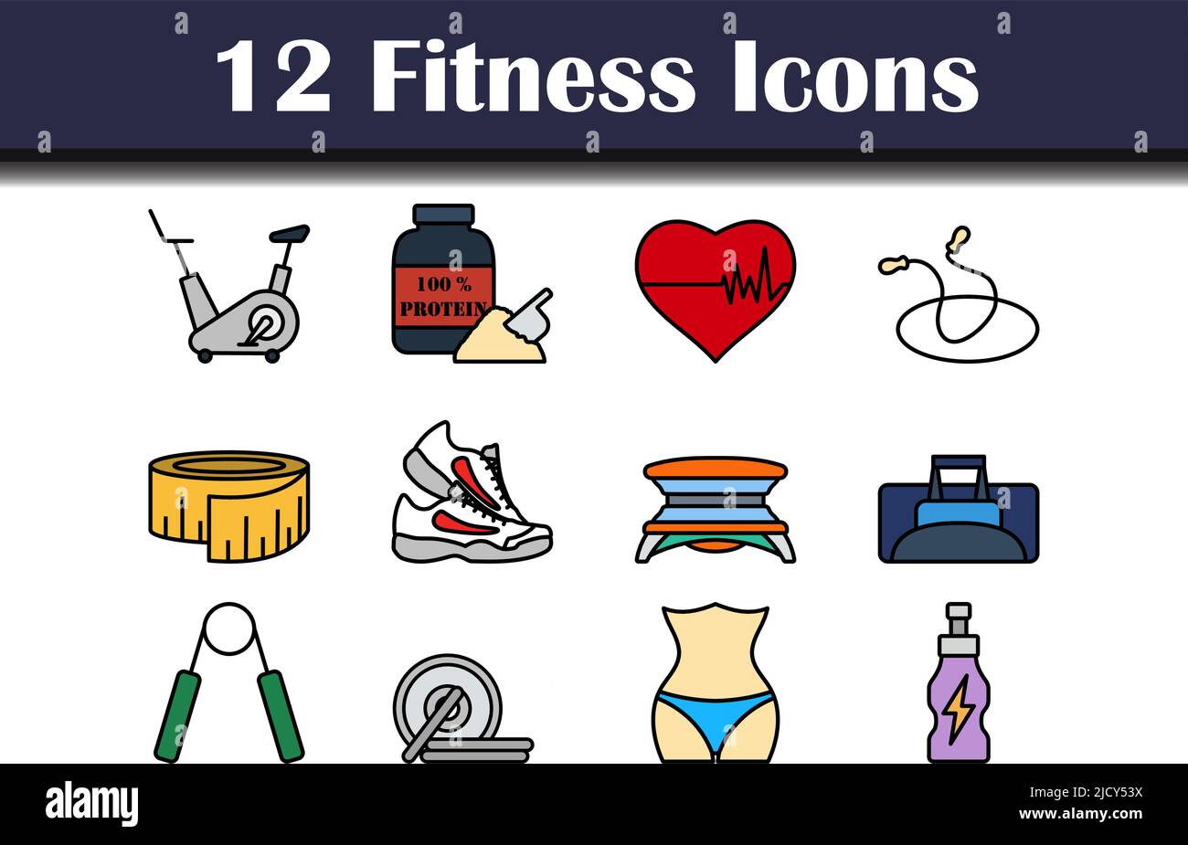 Fitness-Symbol-Set. Editierbare Fett Formatigte Kontur Mit Farbfüllungsdesign. Vektorgrafik. Stock Vektor