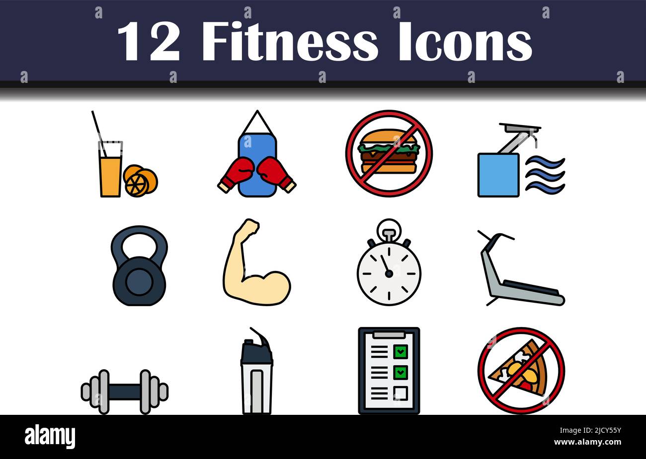 Fitness-Symbol-Set. Editierbare Fett Formatigte Kontur Mit Farbfüllungsdesign. Vektorgrafik. Stock Vektor