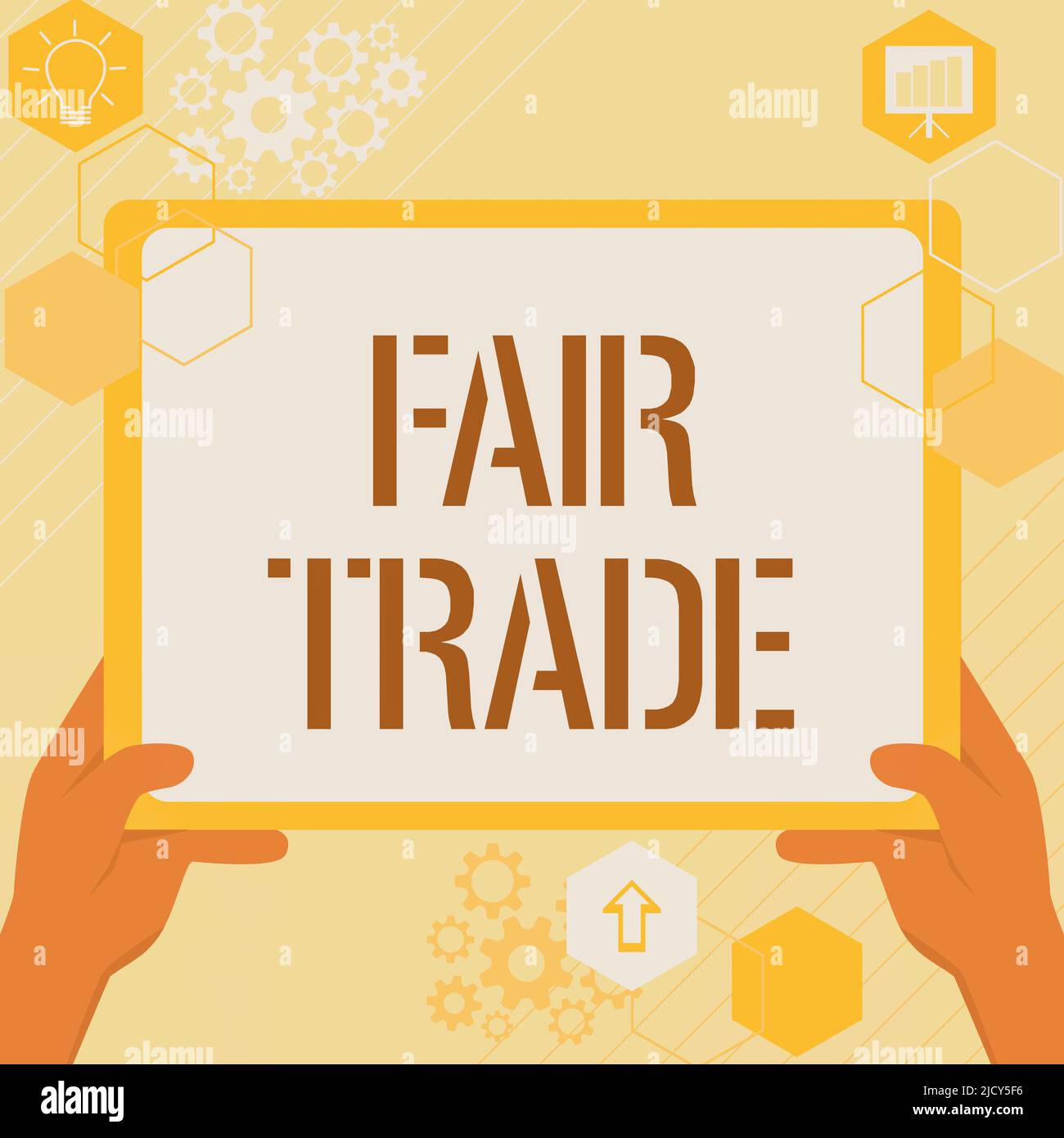 Inspiration zeigt Zeichen Fair Trade. Business-Schaufenster kleine Erhöhung durch einen Hersteller, was sie an einen Hersteller Hand mit Big Tablet-Suche bezahlt Stockfoto
