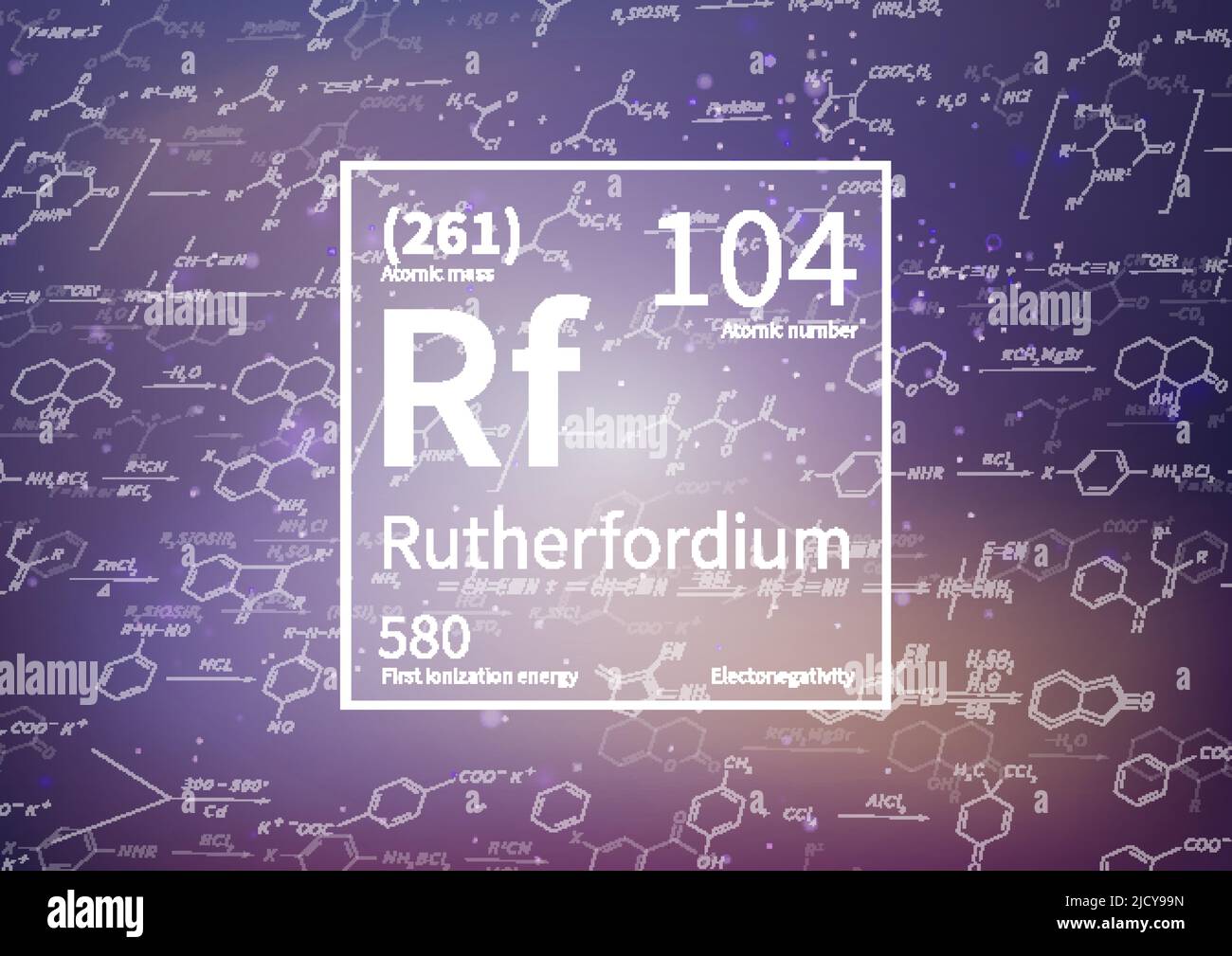 Rutherfordium-chemisches Element mit erster Ionisationsenergie, Atommasse und Elektronegativitätswerten auf wissenschaftlichem Hintergrund Stock Vektor