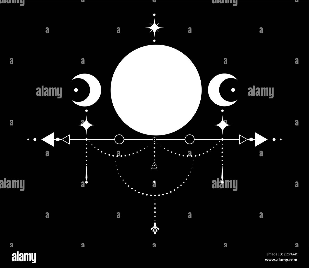 Dreifacher Mond, Heilige Geometrie, mystische Pfeile und Halbmond, gepunktete Linien im Boho-Stil, Wiccan-Symbol, Alchemie esoterische mystische Zauberzeichen. Geist Stock Vektor