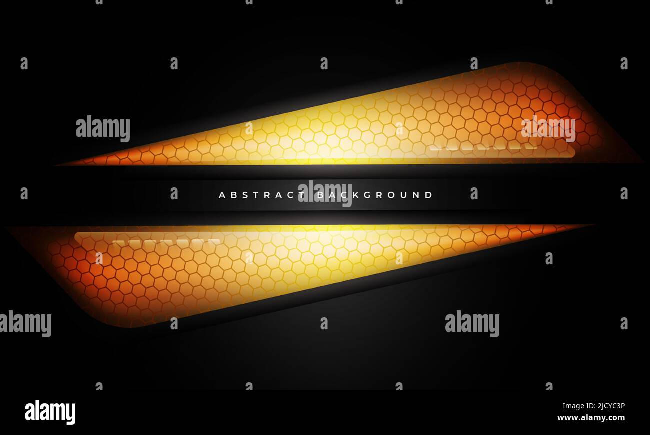 Schwarzer abstrakter moderner Hintergrund mit durchscheinenden, sechseckigen, orangefarbenen und gelben hellen Formen. Modernes abstraktes Technologie-Hintergrundkonzept. Vektor Stock Vektor