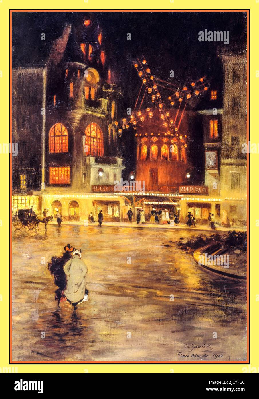 MOULIN ROUGE 1902 ÖLGEMÄLDE VON Edouard Zawiski (aktiv Ende 19., Anfang 20. Jahrhundert). „The Place Blanche, The Moulin Rouge, Evening Effect“. Öl auf Leinwand, 1902. Paris, Edouard Zawiski (actif fin XIXème, début XXème siècle). „La Place Blanche, le Moulin Rouge, effet du soir“. Huile sur toile, 1902. Paris, musée Carnavalet. Paris Frankreich der Place Blanche in Paris ist einer der kleinen Plätze entlang des Boulevard de Clichy, der zwischen den Arrondissements 9. und 18. (Pariser Bezirke) verläuft und in die Nähe von Pigalle nach Montmartre führt. Stockfoto