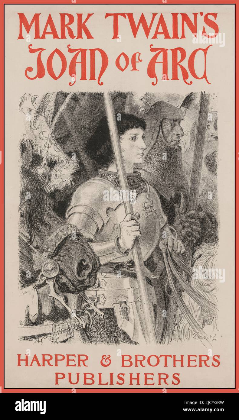 Mark Twains Jeanne d'Arc – Frontcover-Illustration/ Grasset 1894. (Poster) Vintage Lithographie Farbe 1894 Grasset, Eugène, 1841-1917, Künstler. Harper and Brothers Publishers Stockfoto