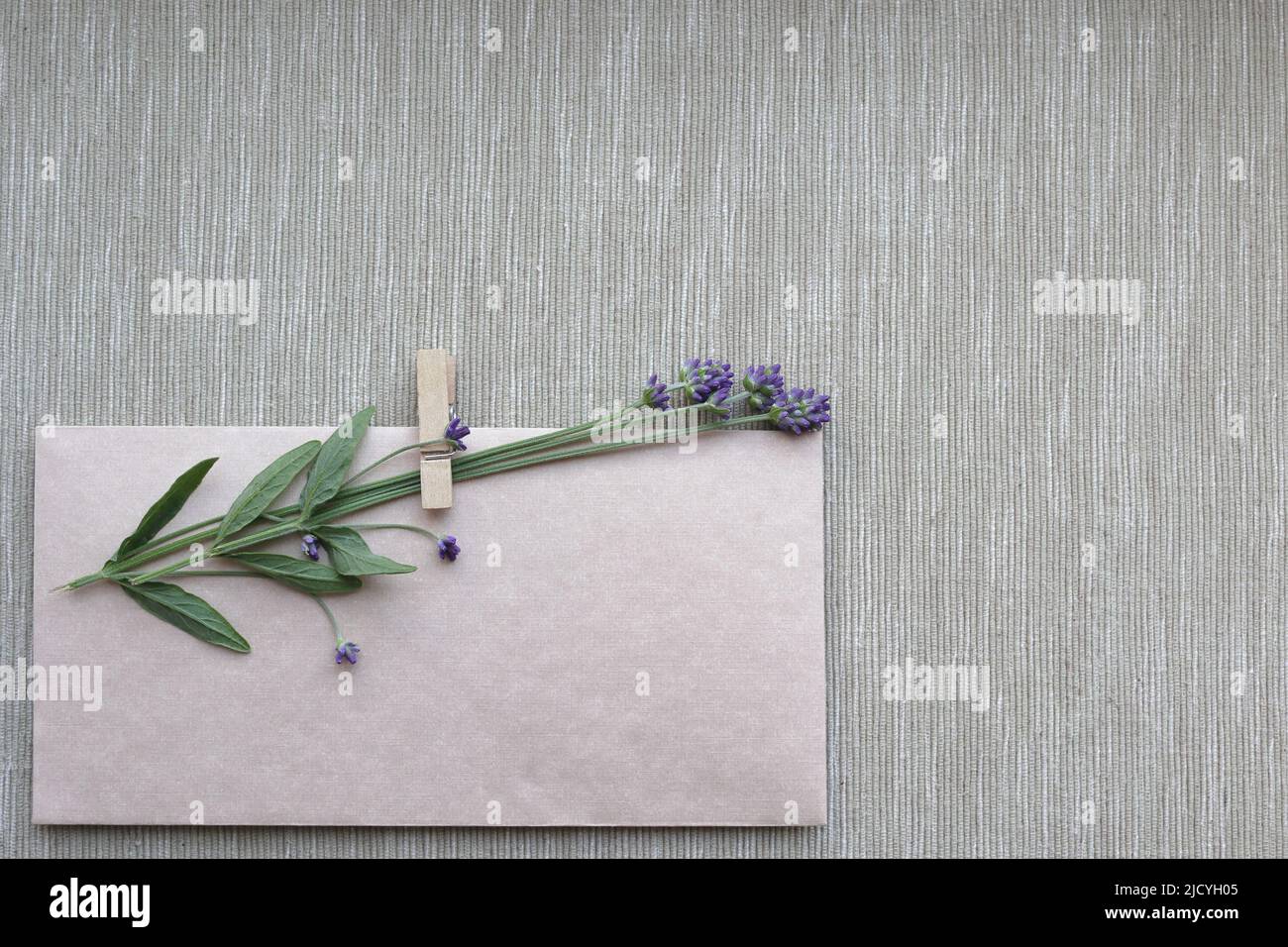 Umschlag Mockup und trockene Lavendelblüten auf Leinwand Hintergrund, Draufsicht, Copy Space. Vintage-Style. Ein kleines Bouquet von trockenem Lavendel im Vintage-Stil Stockfoto
