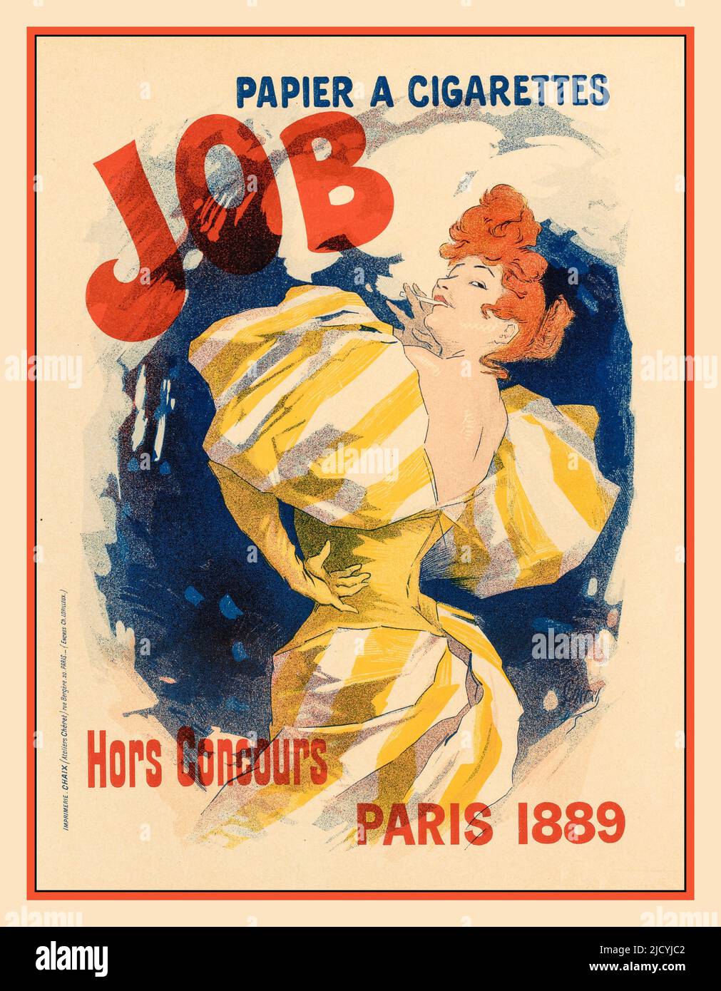 Vintage Werbeplakat 'Papier a cigarettes JOB' 'Hors Concours Paris 1889' ‘unvergleichliches, unvergleichliches Paris‘ Künstler Jules Chéret Maîtres de l'affiche Jules Chéret war ein renommierter französischer Lithograph, der Jugendstilplakate für Musikhallen wie Folies-Bergère und Moulin Rouge produzierte. Geboren am 31. Mai 1836 in Paris, Frankreich, begann er im Alter von 13 Jahren eine Lehre bei einem Lithografen und setzte seine Ausbildung an der École des Arts Décoratifs fort. Paris Frankreich Stockfoto