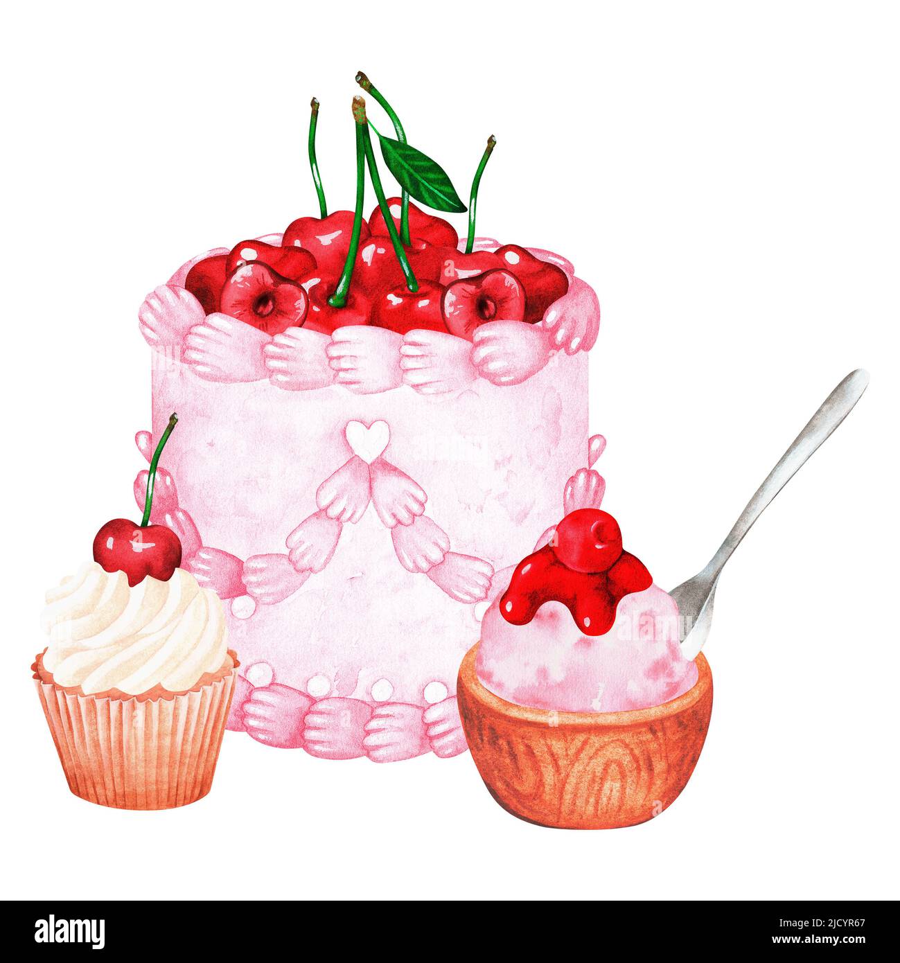 Eine Komposition aus Geburtstagskirschbonbons. Kuchen, Eis, Cupcake. Aquarelldarstellung. Isoliert auf weißem Hintergrund. Für Ihre Design-Kochbücher Stockfoto