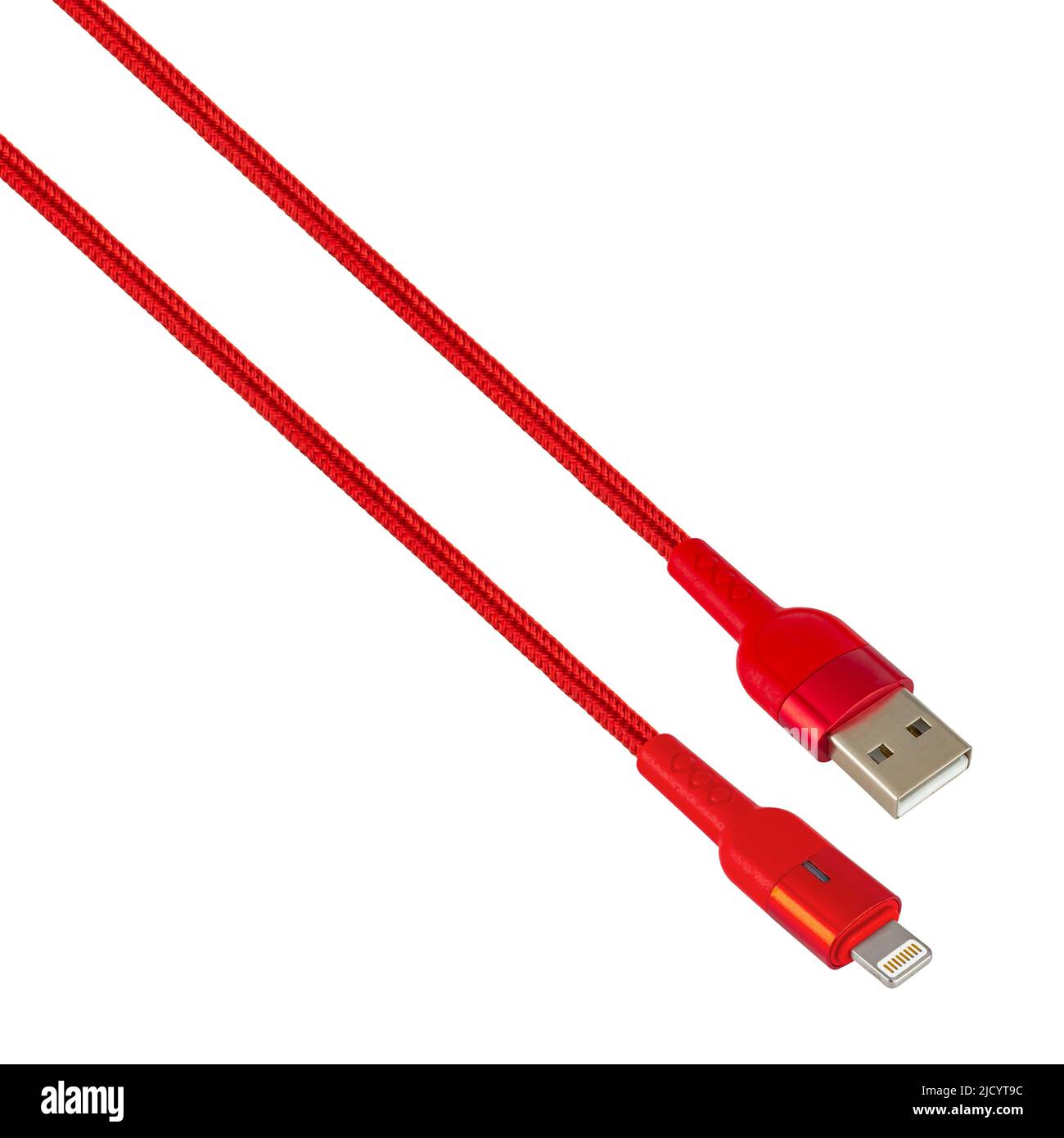 Steckverbinder mit Kabel USB, Lightning, rot, isoliert auf weißem Hintergrund Stockfoto