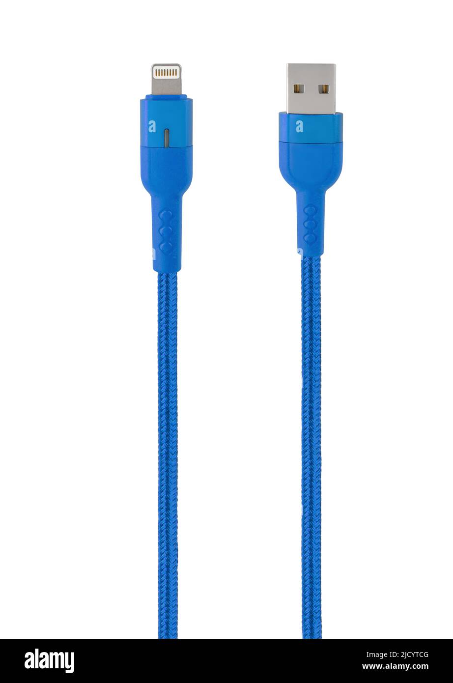 Steckverbinder mit Kabel USB, Lightning, blau, isoliert auf weißem Hintergrund Stockfoto