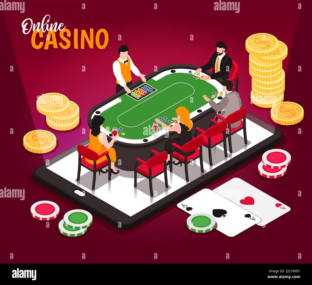 Isometrisches Online-Casino konzeptionelle Komposition mit kunstvollen Texten und Bildern von Münzstapeln mit Glücksspiel-Tisch-Vektor-Illustration Stock Vektor