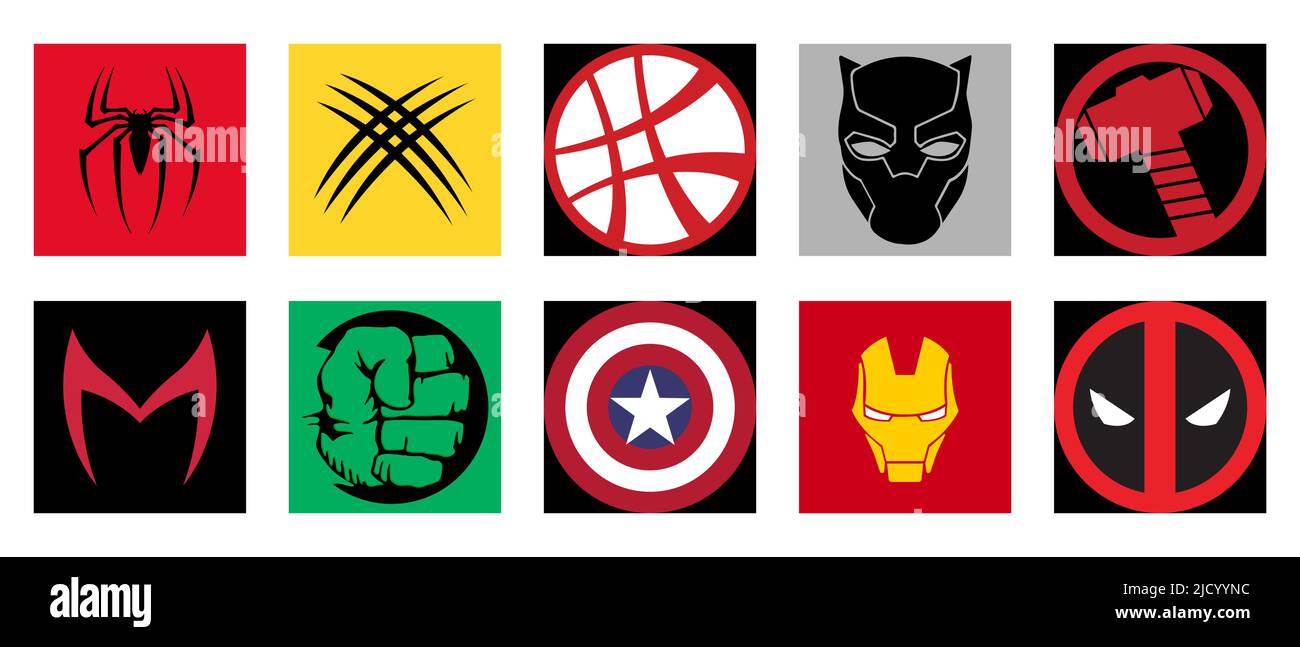 Vinnytsia, Ukraine - 16. Mai 2022: Top 10 Marvel Comics Heroes. Spider-Man, Deadpool, Hulk, Wolverine, Doctor Strange, Schwarzer Panther, Scharlachrote Wit Stock Vektor
