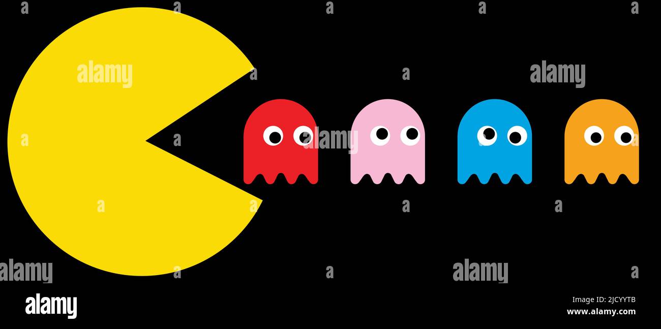 PAC-man-Zeichensatz. Retro-Videospiel. Blinky, Pinky, Inky, Clyde. Redaktionelle Illustration isoliert auf schwarzem Hintergrund Stock Vektor