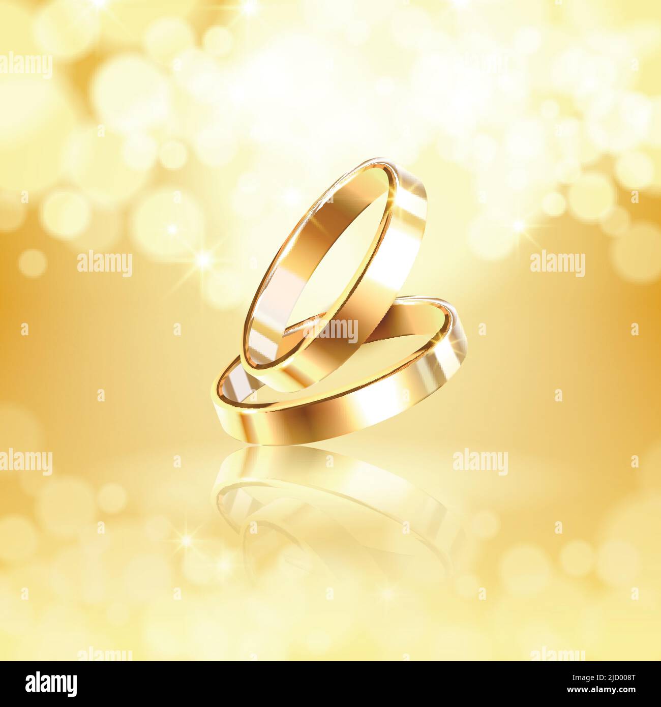 Luxuriöse goldene Komposition mit zwei glänzenden Eheringen auf glänzendem Hintergrund realistischer Vektor Illustration Stock Vektor