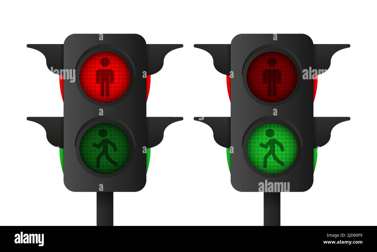 3D realistische Fußgängerampel auf weißem Hintergrund. Vektorgrafik. Stock Vektor