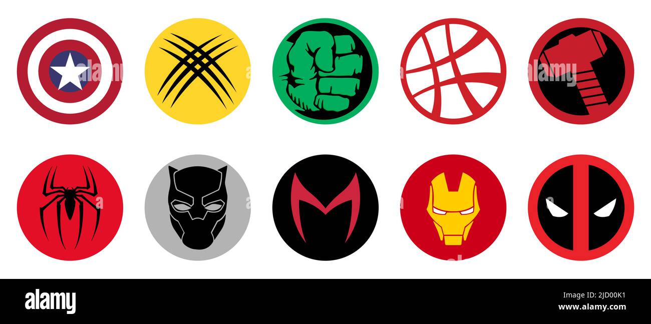 Die berühmtesten Superhelden Marvel Logos. Deadpool, Hulk, Spider-Man, Scarlet Witch, Captain America, Thor, Iron man, andere. Redaktionelle Illustration Stock Vektor