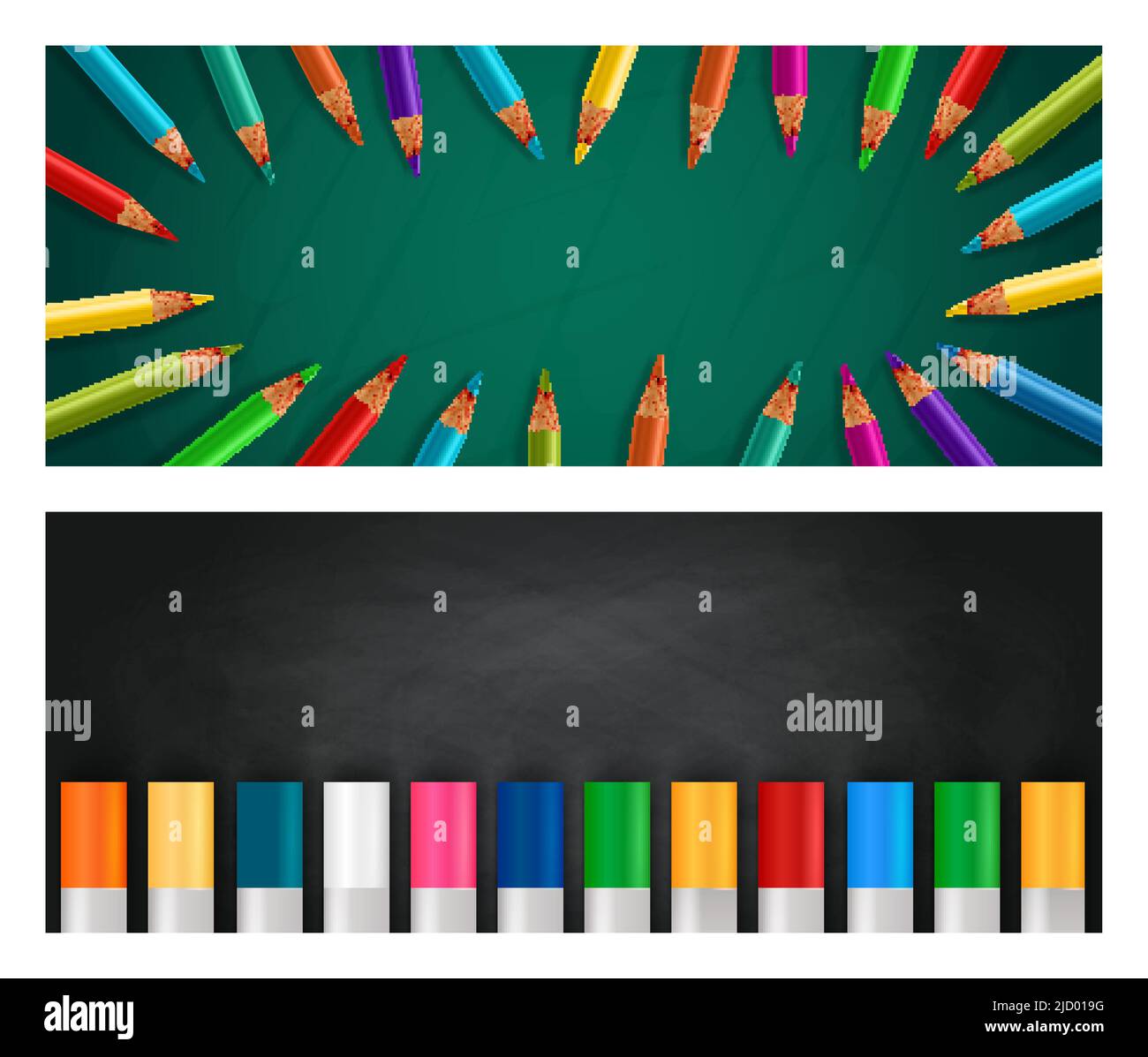 Zurück zur Schule realistische horizontale Banner mit bunten Buntstiften und Bleistiften auf Kreidetafel Hintergrund isoliert Vektor-Illustration gesetzt Stock Vektor