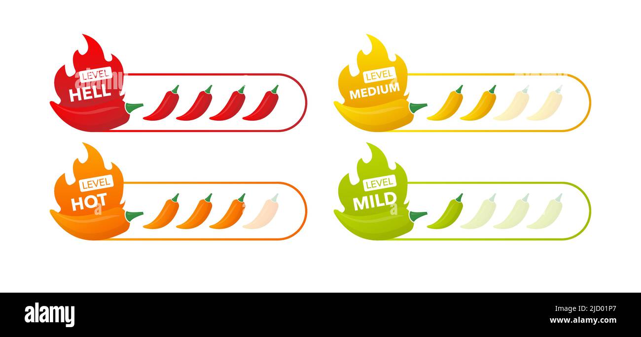 Indikator für die Stärke von Paprika mit milden, mittleren, heißen und höllischen Positionen. Chilipegel. Vektorgrafik. Stock Vektor