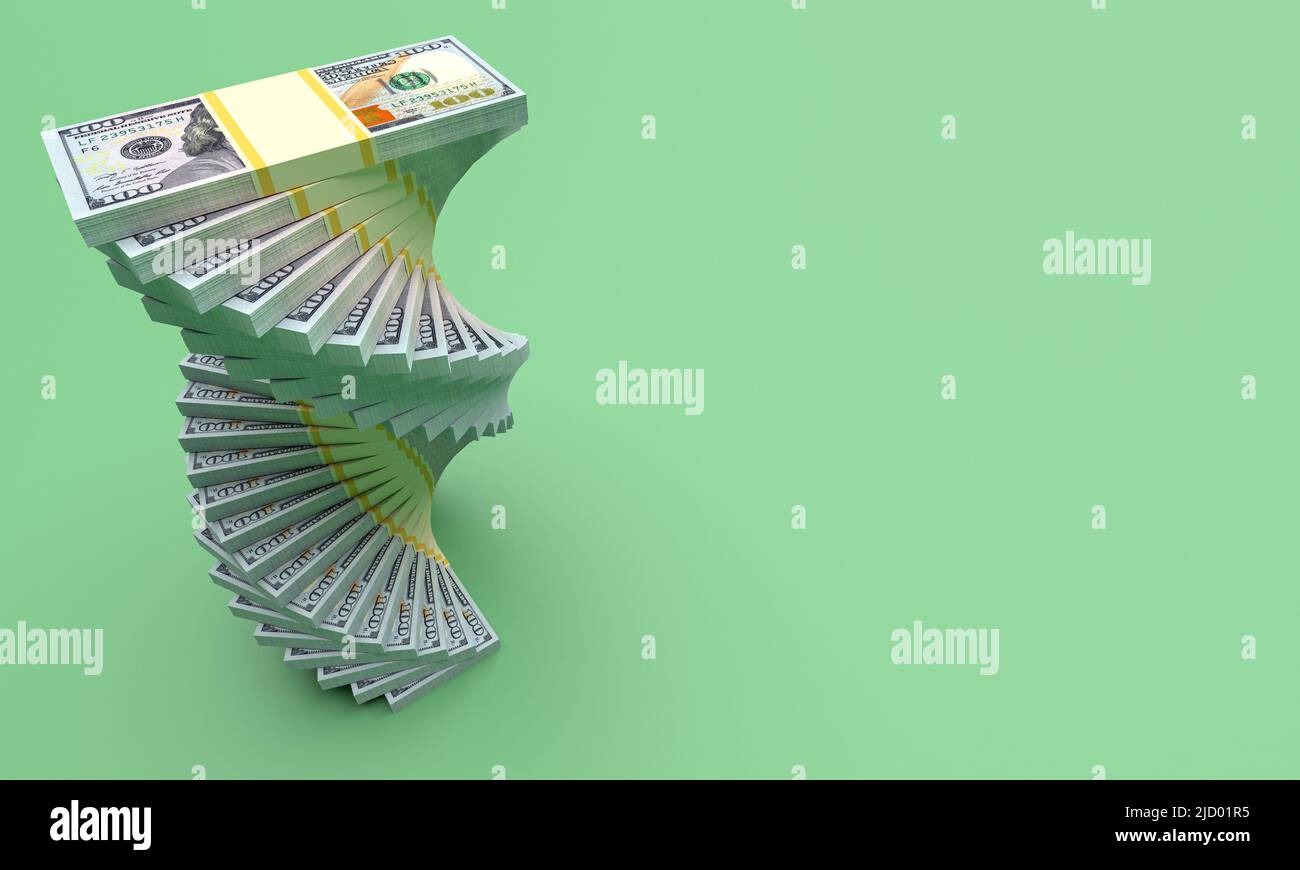 Große Geldstapel aus Dollar. Konzept der US-Dollar-Finanzierung. 3D Rendern Stockfoto