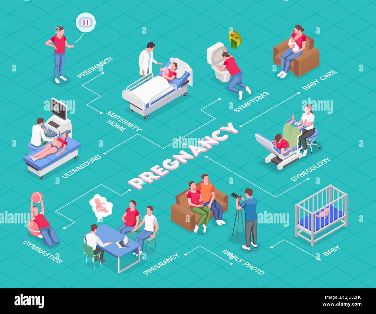 Isometrisches Flussdiagramm der Schwangerschaft mit Schwangeren, die Gynäkologen, Eltern und Neugeborene konsultieren 3D Vektorgrafik Stock Vektor