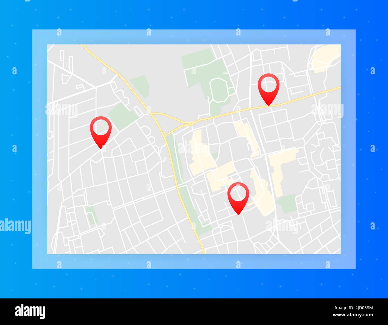 Stadtplan mit Pins. GPS-Navigationsroute mit Zeigern. Stadtstraßen und Wohnblocks. Stock Vektor