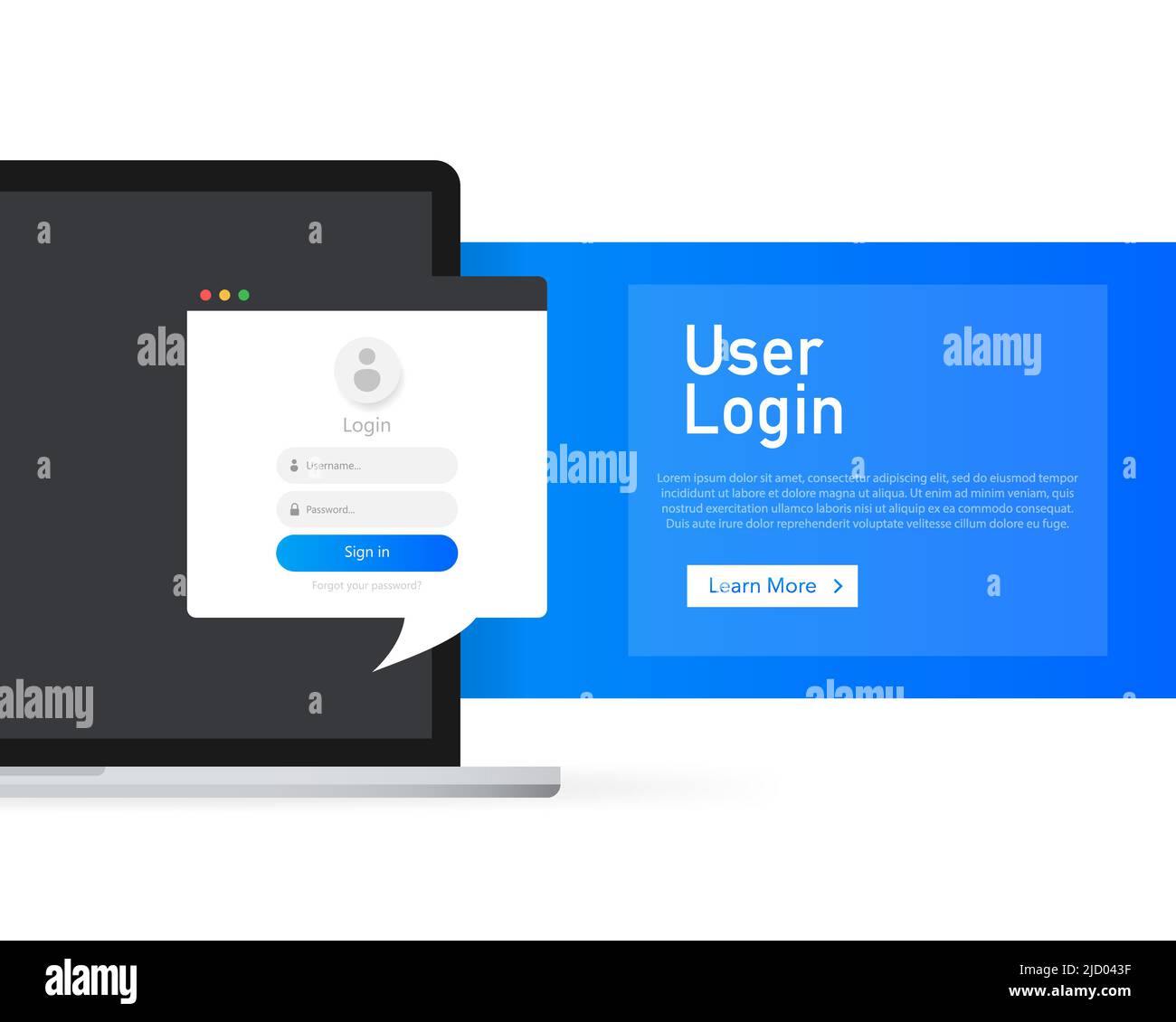 Datensicherheit. Banner mit Benutzeranmeldung Laptop. Datenschutz. Vektorgrafik. Stock Vektor