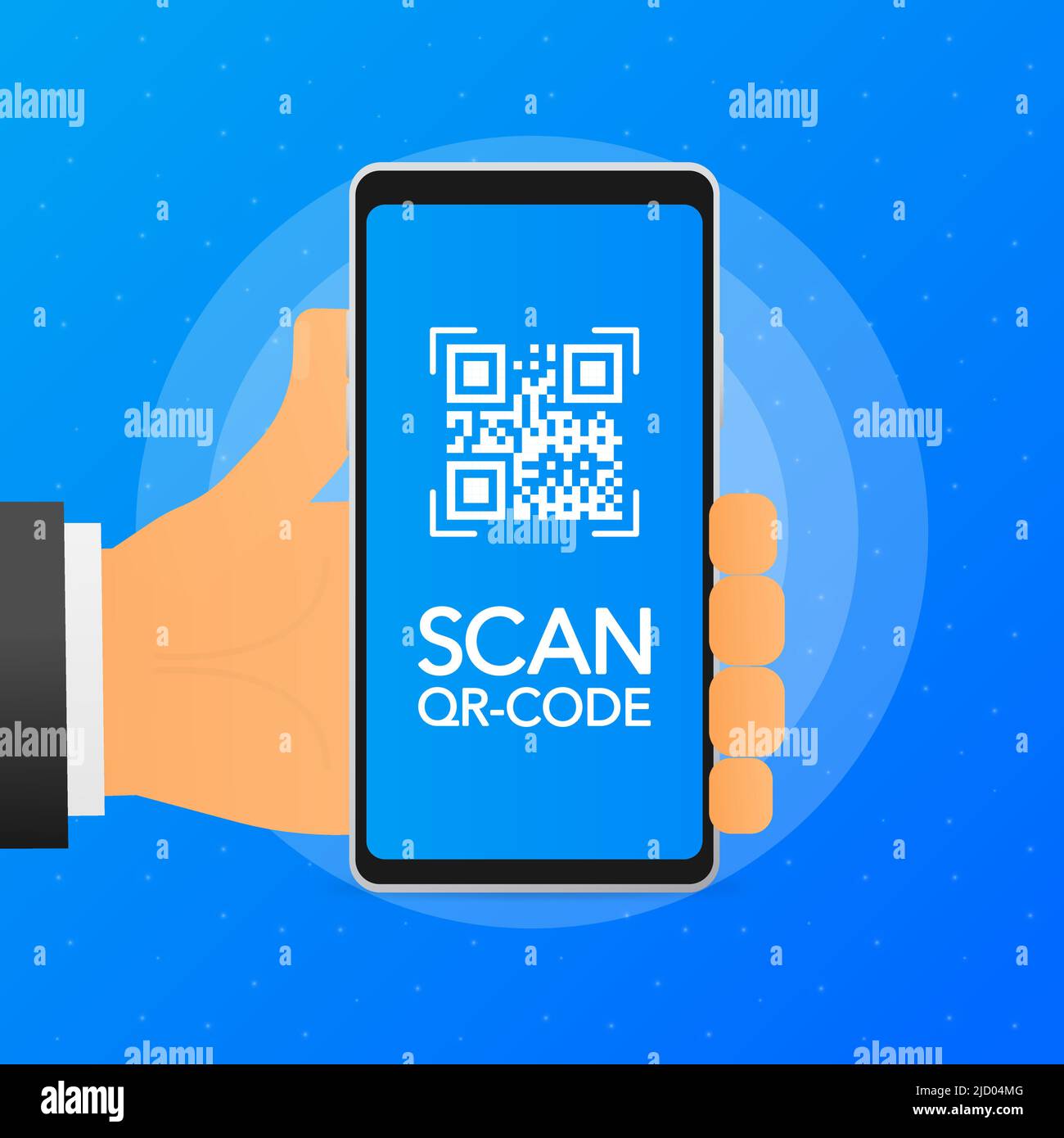 Die Hand hält das Telefon mit Scan-qr-Code auf dem Bildschirm. Telefon auf blauem Hintergrund. Vektorgrafik. Stock Vektor