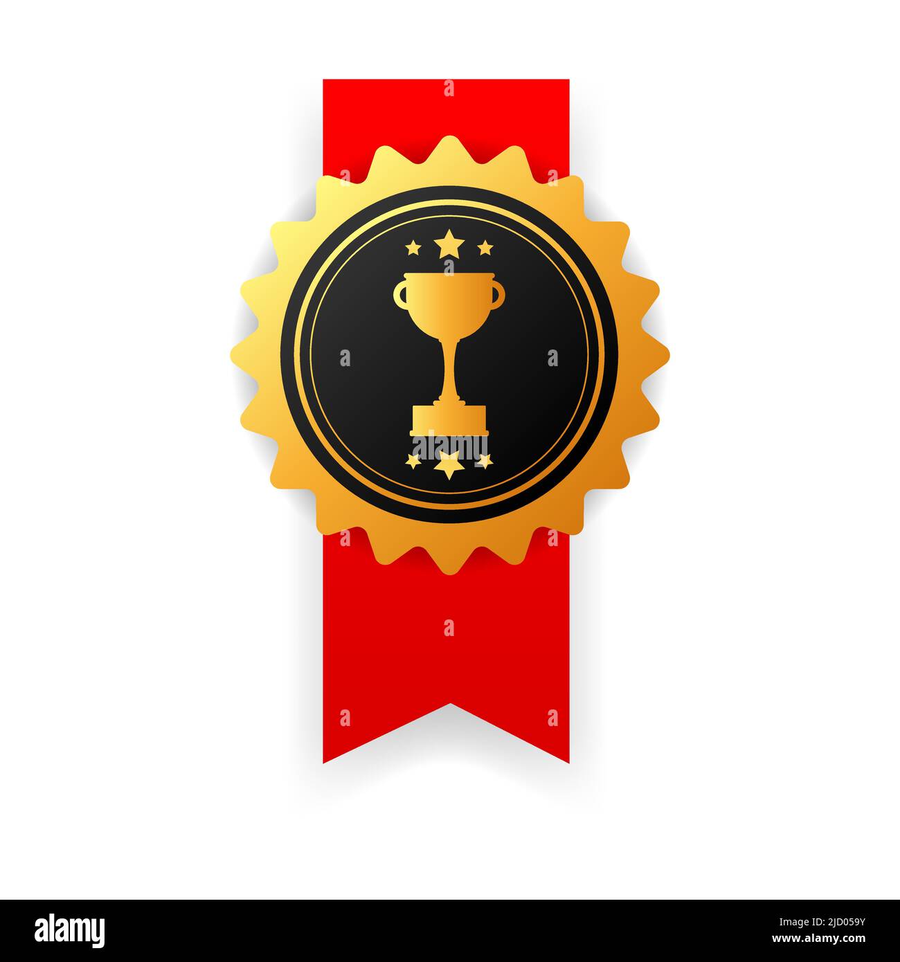 Winnergold-Gummiabzeichen mit rotem Band auf weißem Hintergrund. Realistisches Objekt. Vektorgrafik. Stock Vektor