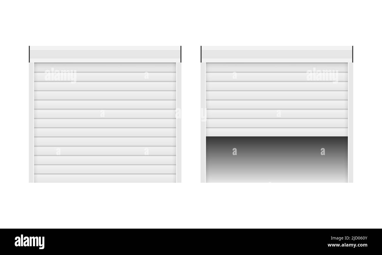 Vektor der realistischen Tür mit Rollläden auf weißem Hintergrund. Offen und geschlossen. Vektorgrafik. Stock Vektor