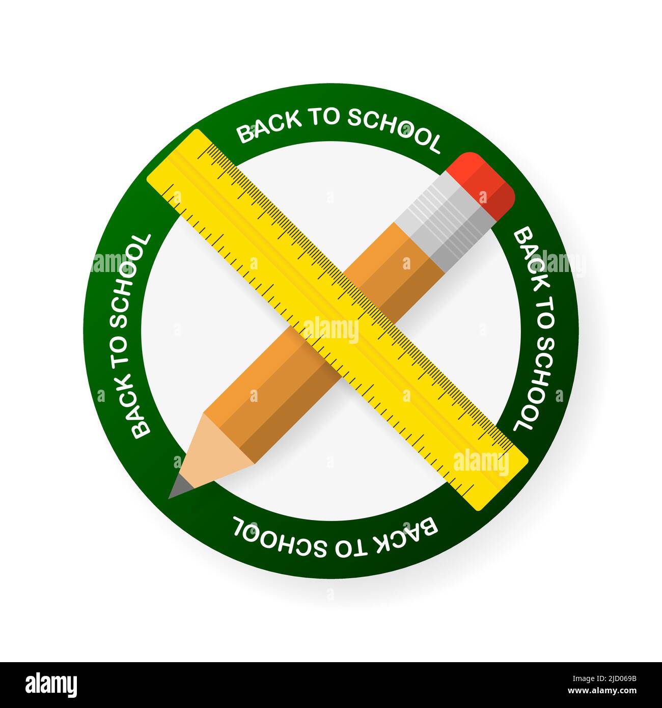 „Back to School“-Abzeichen auf weißem Hintergrund. Stift und Linie im 3D-Stil. Vektorgrafik. Stock Vektor