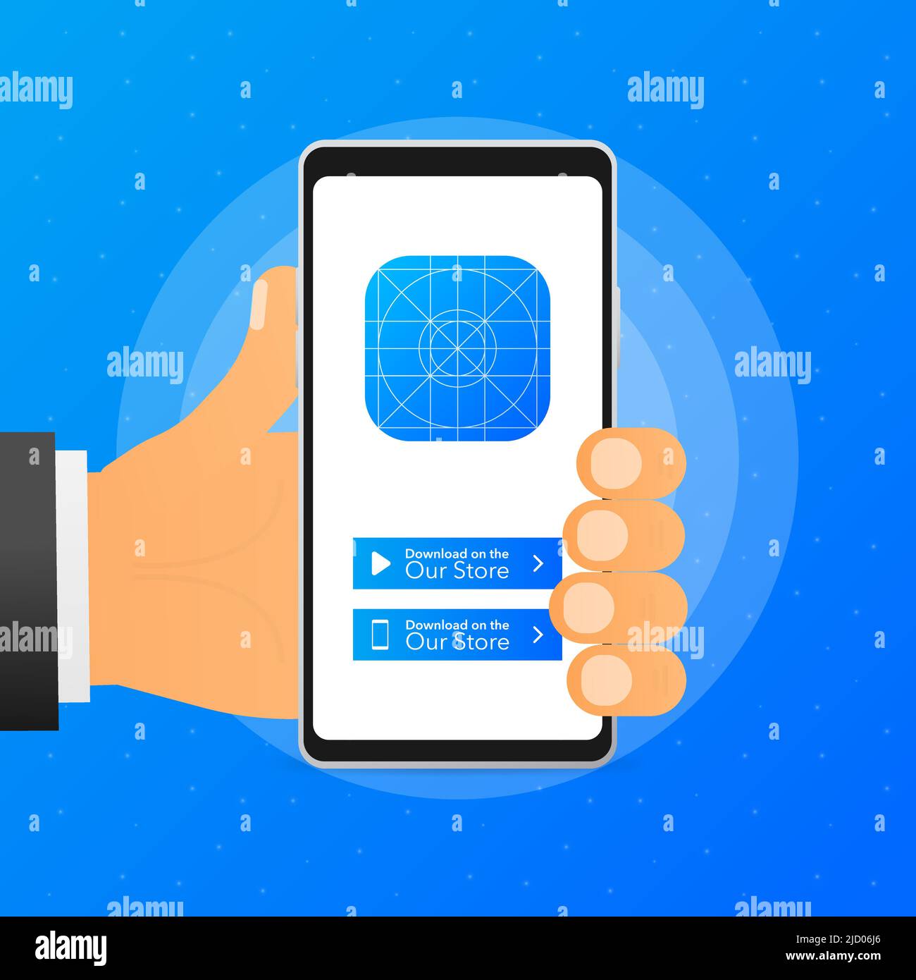 Hand hält Telefon mit Download neue App im Geschäft auf blauem Hintergrund. Vektorgrafik. Stock Vektor