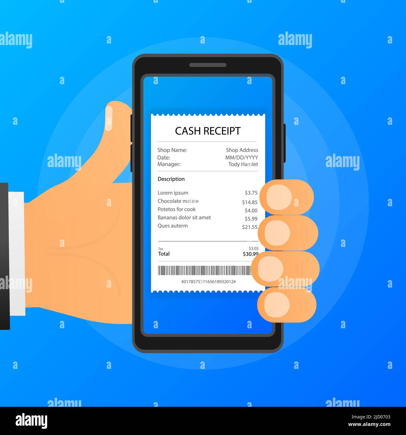 Hand hält das Telefon mit dem Kassenbon auf dem Bildschirm auf blauem Hintergrund. Vektorgrafik. Stock Vektor