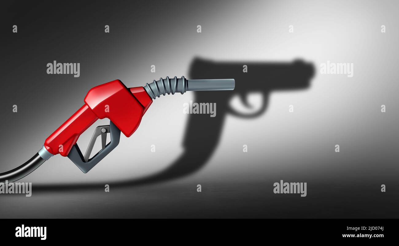 Öl als Waffe oder Energiewaffen und Gas als Waffe Gas als Tankstelle oder wirtschaftliche Herausforderung durch steigende Kraftstoffpreise und Benzin. Stockfoto