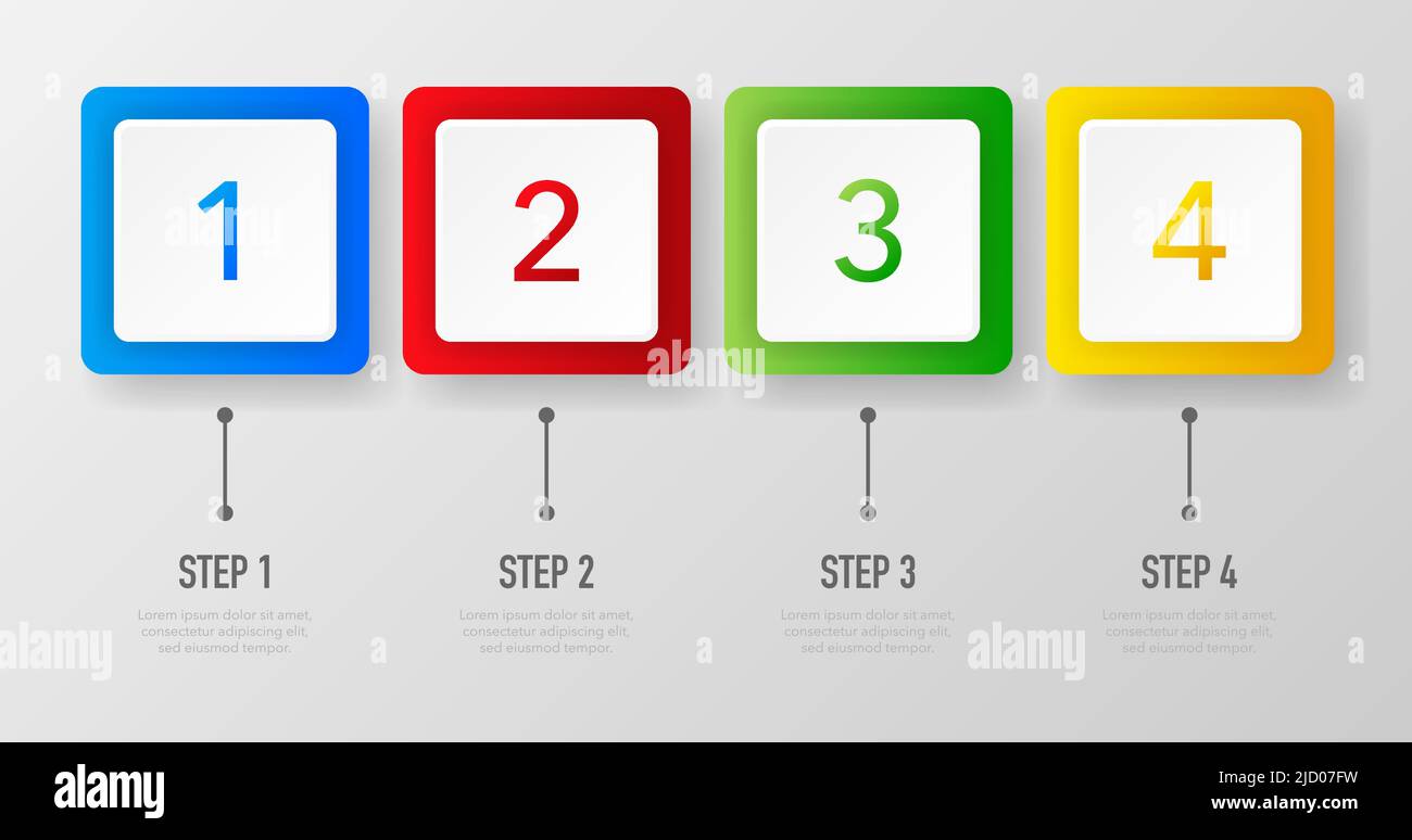 Infografiken mit 1, 2, 3 und 4 Farbstufen auf weißem Hintergrund. Vektorgrafik. Stock Vektor