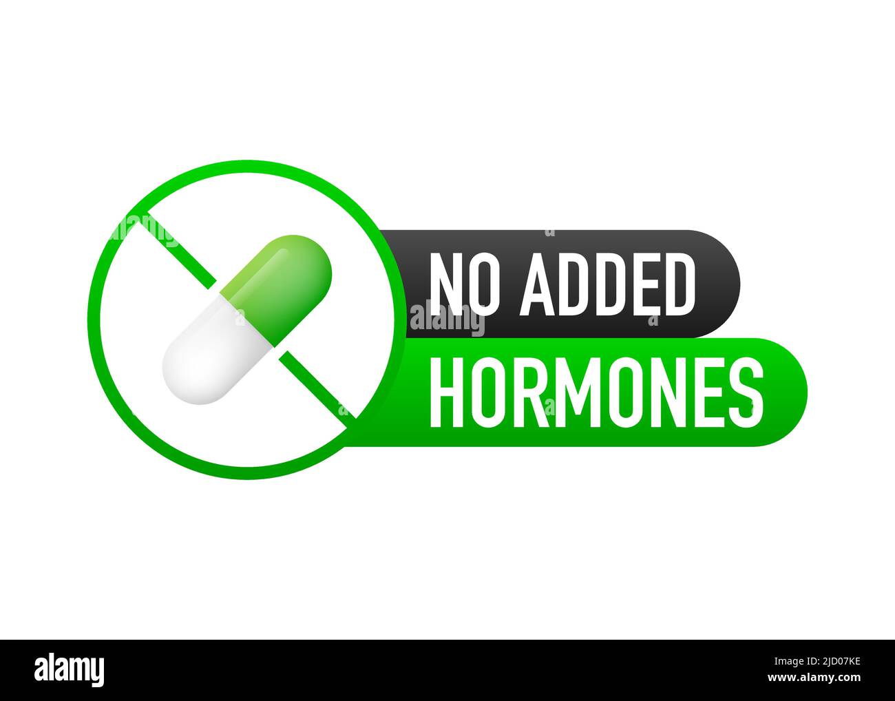 Keine zusätzlichen Hormone, keine zusätzlichen Antibiotika grünes flaches Banner auf weißem Hintergrund. Vektorgrafik. Stock Vektor