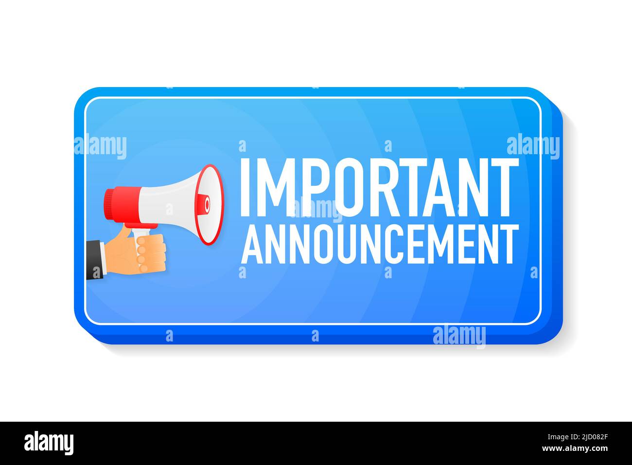 Wichtige Mitteilung blaues Megaphon-Banner im 3D-Stil auf weißem Hintergrund. Die Hand hält den Lautsprecher. Vektorgrafik. Stock Vektor