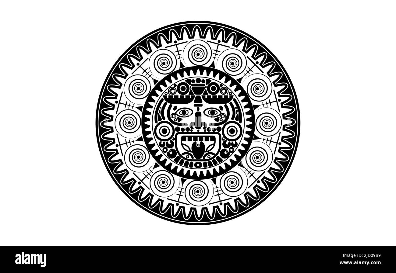 Heilige Maya-sonnengott, Azteken-Radkalender, Maya-Symbole ethnische Maske, schwarzes Tattoo rund Rahmen Grenze altes Logo Symbol Vektor Illustration isoliert Stock Vektor