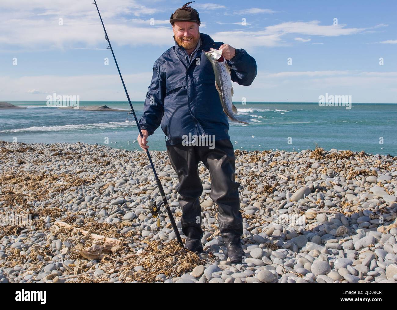 Ein Blick auf das Leben in Neuseeland. Angeln auf Searun Forelle. Diese Fische sind an den meisten Stellen zu finden, an denen ein Fluss ins Meer fließt. Ausgezeichnetes Essen. Stockfoto
