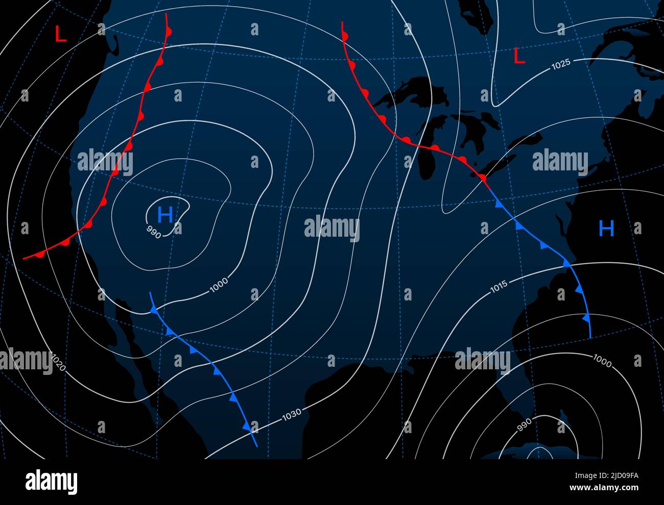 Vorhersage Wetter Isobar Karte, Meteorologie Wind Front Vektor-Diagramm. Grafische Darstellung der Oberflächenwetteranalyse mit atmosphärischen Druck-Isobaren, Temperatur-Isothermen und Kaltfrontgrenze Stock Vektor