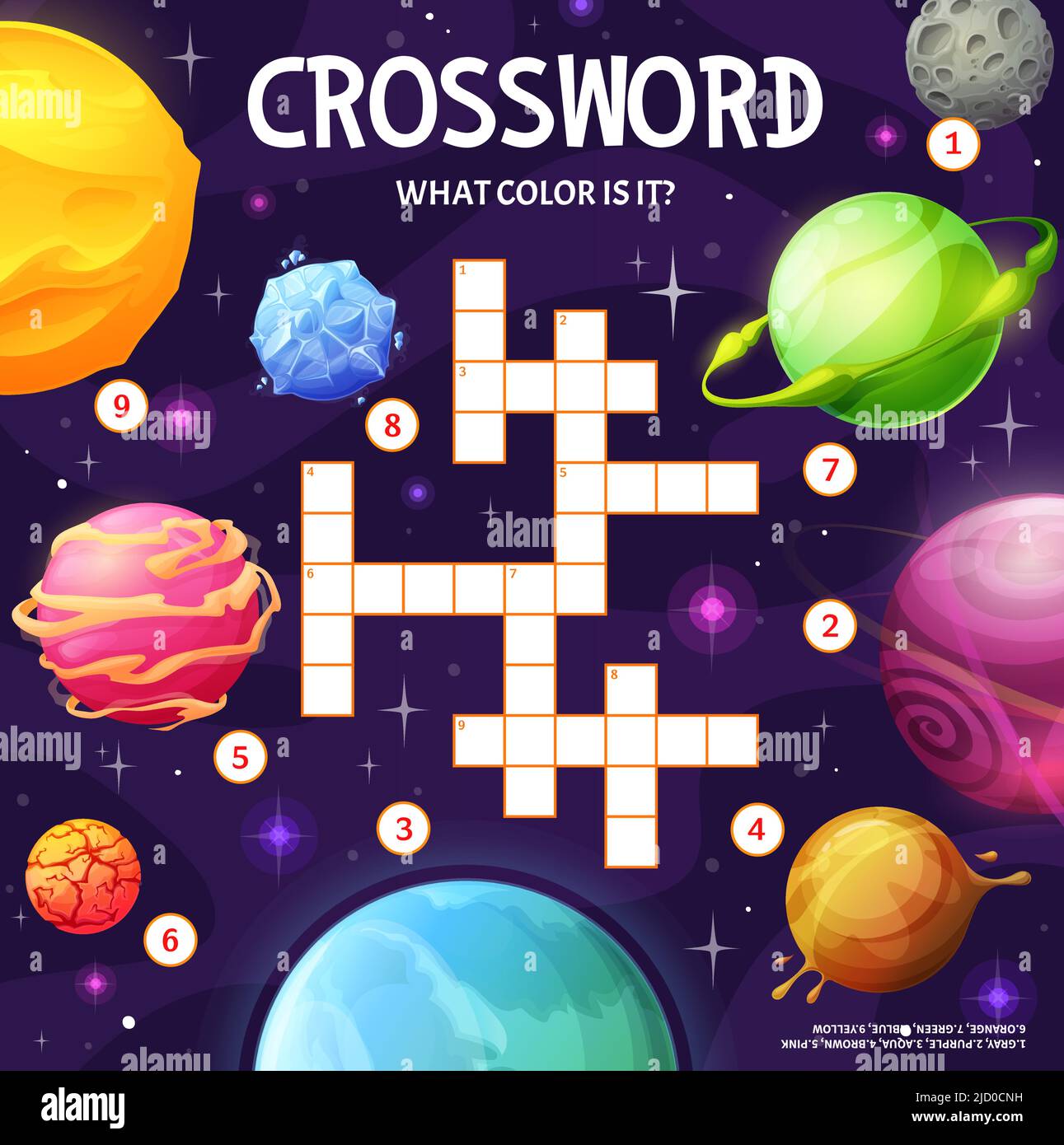 Cartoon Galaxie Raum Planeten Kreuzworträtsel Gitter Arbeitsblatt. Finden Sie ein Wort-Quiz-Spiel, Farbe Bildung Vektor-puzzle und Rätsel auf dem Hintergrund des Universums mit Sternen, Planeten, rosa, blau, grün Stock Vektor