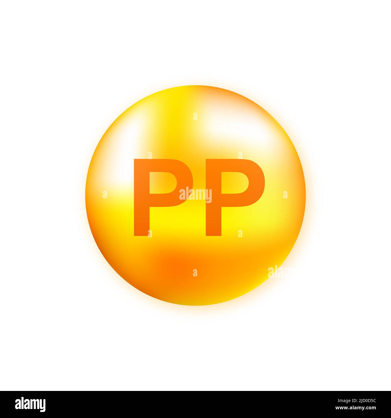 Vitaminkomplex PP mit realistischem Tropfen auf grauem Hintergrund. Partikel von Vitaminen in der Mitte. Vektorgrafik. Stock Vektor