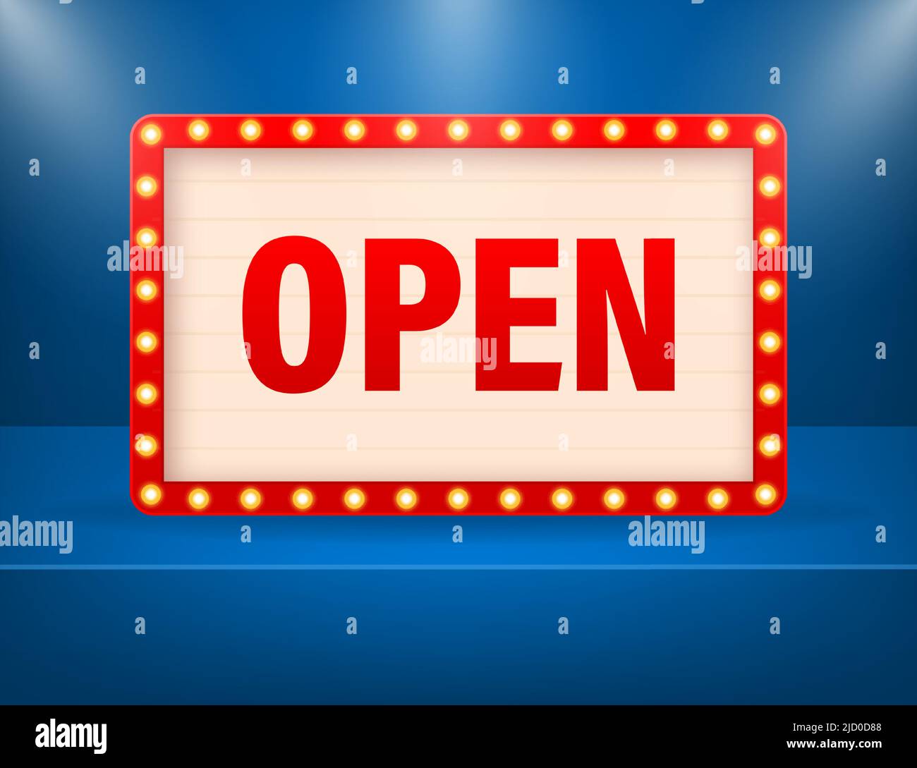 Retro Cartoon rot offenes Konzept auf dunklem Hintergrund. Vektorzeichen. Abstraktes Symbol. Geschäftskonzept. Werbebanner. Stock Vektor